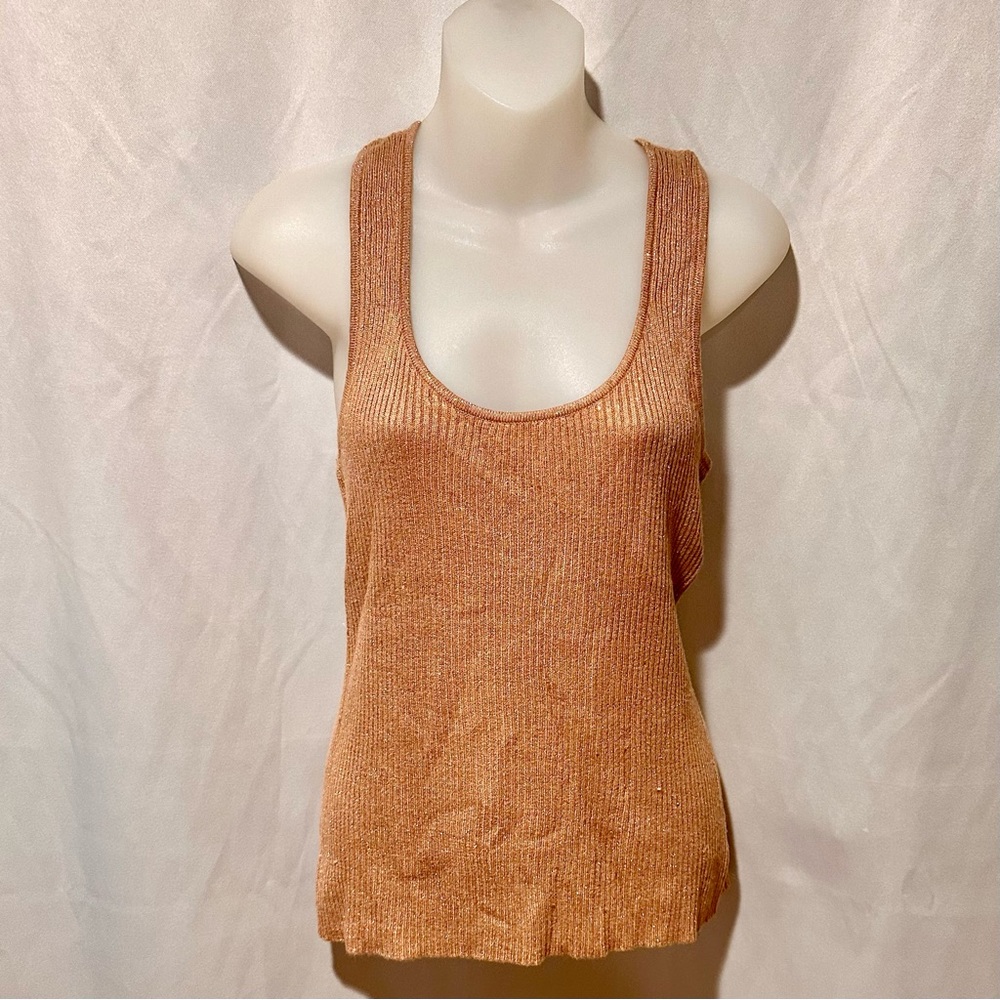 Nicole Miller Women's Beige Metallic Ribbed Racerback Dressy Tank Top Size Large